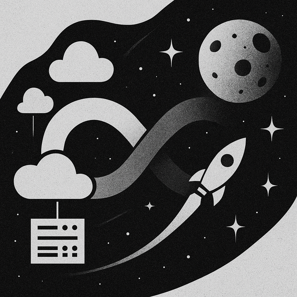 Abstract art showing a rocket taking cloud compute to space